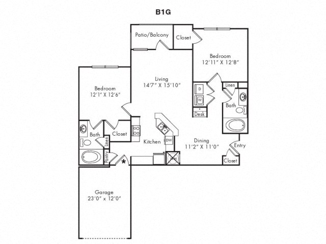 Floor plan for 2 beds, 2 baths, 1186 sqft